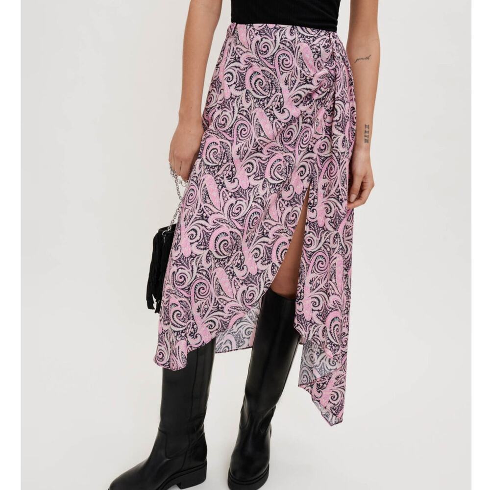 Maje Japollo Paisley Rose Printed Viscose Asymmetric Midi Skirt Slit Front Flowy